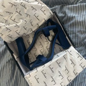 Lulu’s Taylor Navy Satin Block Heels
